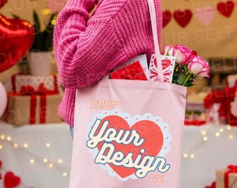 Maqueta de bolso de lona rosa, modelo con bolso, maqueta de bolso con libros para San Valentín, maqueta de bolso con libros para San Valentín, maqueta de bolso rosa claro