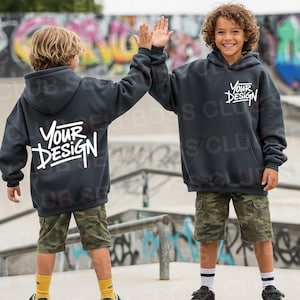 Kids Hoodie Front and Back Mockup, Kids Charcoal Hoodie mockup, Gildan Kid Hoodie Mockup, Kids Back Hoodie Mockup, Gildan 185B mockup