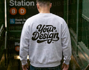 18000 Ash Sweatshirt Back Mockup, Men City Mockup, Back Sweatshirt Mockup, Gildan 18000, Trendy Man Mockup, Crewneck Mockup, Streetwear