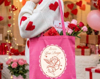 Azalea Pink Canvas Tote Bag Mockup, Model Holding Tote, Valentines Cute Book Tote Mockup, Hot Pink Bookish Tote Mockup, Lover Vibes Mockup