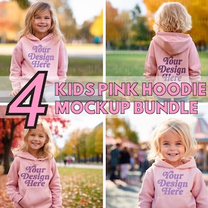 4 Kids Light Pink Hoodie Mockup Bundle, Girl Hoodie Mockup Bundle, Gildan Kids Hoodie Mockup Bundle, Kid&#39;s Front and Back Hoodie Mockup