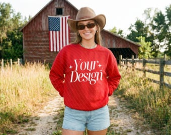 Gildan 18000 Mockup | Red Sweatshirt Mockup | Christmas Cowgirl Sweatshirt Mockup Holiday Sweatshirt Mockup | Lifestyle Winter Mockup