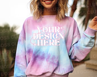 Colortone 8100 Tie Dye Sweatshirt - Model Mockup- Cotton Candy Tie Dyed Sweatshirt - Unisex Sizing- Model Mock up Sweatshirt - Pink Tie Dye