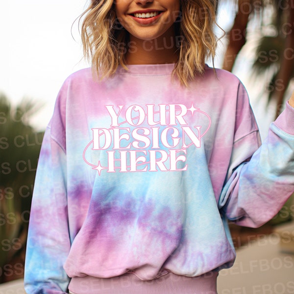 Colortone 8100 Tie Dye Sweatshirt - Model Mockup- Cotton Candy Tie Dyed Sweatshirt - Unisex Sizing- Model Mock up Sweatshirt - Pink Tie Dye