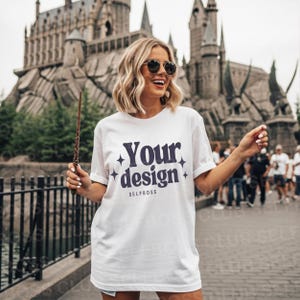 White Comfort Colors 1717 T-shirt Mockup, Wizard Shirt Mockup, theme park Mockup, Vacation Mockup,Wizarding School Castle, Model mockup