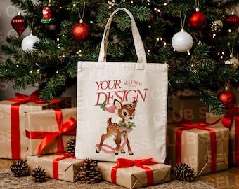 Canvas Tote Bag Mockup, Model Holding Tote, Winter Cute Book Tote Mockup, Christmas Bookish Tote Mockup, Holiday Vibes Tote Mockup