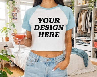 Bella Canvas 1201 Baby Tee Mockup - White and Light Blue (Digital Image)