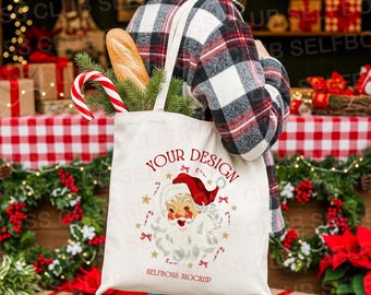 Canvas Tote Bag Mockup, Model Holding Tote, Winter Cute Book Tote Mockup, Christmas Bookish Tote Mockup, Holiday Market Tote Mockup