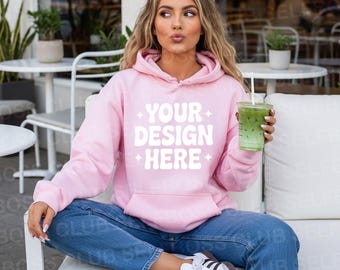 18500 Pink Hoodie Mockup, Women Pink Hoodie Lifestyle Mockup, Gildan 18500, Coffee Hoodie Mockup, Fall Outdoor Mockup, Trendy Hoodie