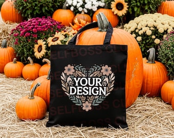 Black Canvas Tote Bag Mockup, Pumpkin Patch Tote, Fall Cute and Cozy, Black Book Tote, Boho Bookish Tote Mockup, Farmers Market Tote Mockup