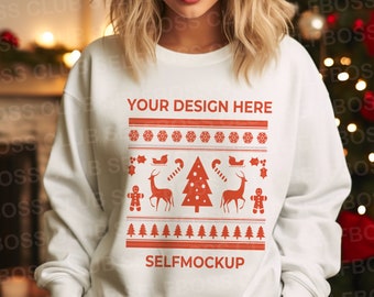 Gildan 18000 Mockup | Gildan White Sweatshirt Mockup | Christmas Sweatshirt Model Mockup | Unisex Sweatshirt Mockup Christmas Sweater MockUp