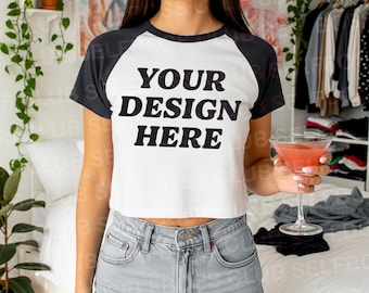 Bella Canvas 1201 Baby Tee Mockup - White/Black Raglan (Digital Image)