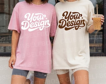Camisa Comfort Colors C1717 marfil y rosa - Maqueta de café bohemio - Maqueta de camiseta de mejores amigas - Maqueta de hermanas - Maqueta de dama de honor - Maqueta de mejores amigas de moda
