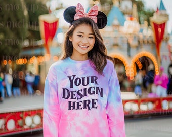 Colortone 8100 Tie Dye Sweatshirt, Theme Park Model Mockup, Cotton Candy Tie Dyed Sweatshirt, Vacation Mockup, Tie Dye Mockup Magic Kingdom