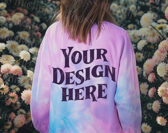 Colortone 8100 Tie Dye Sweatshirt, Spring Model Mockup,Cotton Candy Tie Dyed Sweatshirt, Back Mockup Back Sweatshirt Mock Up - Pink Tie Dye