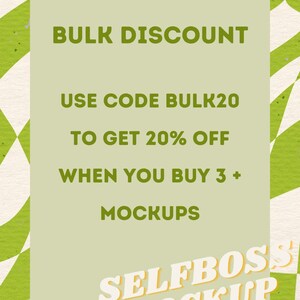 May include: A green and white checkered background with a light green rectangle in the centre. The rectangle contains the text "BULK DISCOUNT", "USE CODE BULK20", "TO GET 20% OFF", "WHEN YOU BUY 3+ MOCKUPS", and "SELFBOSS MOCKUP".