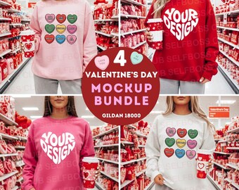 Puede incluir: Cuatro maquetas de sudaderas del Día de San Valentín en rosa, rojo y blanco. Cada sudadera presenta un diseño de corazón o gráficos de corazones de caramelo. La imagen incluye el texto "4 Valentine's Day Mockup Bundle" y "GILDAN 18000".