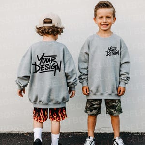 Kids Front and Back Crews Mockup, Kids Sports Grey Sweatshirt mockup, Gildan Youth Sweatshirt Mockup, Fall Sweatshirt Mockup, G180B Mockup