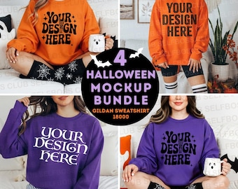 4 Lila & Orange Mockup-paket 18000 Sweatshirt Mockup-paket, Höstmockup för kvinnor, Gildan G180 Mockup-paket, Halloween-mockups, Spöklikt