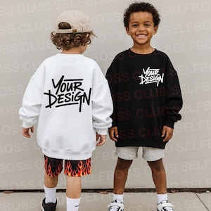 Kids Front and Back Sweatshirt Mockup, Kids Black and White Sweatshirt mockup, Gildan Youth Sweatshirt Mockup, G180B Side By Side Mockup
