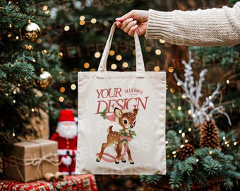 Canvas Tote Bag Mockup, Model Holding Tote, Winter Cute Book Tote Mockup, Christmas Bookish Tote Mockup, Holiday Vibes Tote Mockup
