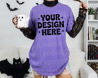 Comfort Colors 1717  Violet Purple Shirt - Fall Autumn Mockup - Trendy POD Mockup - Gothic Model Mockup - Halloween Mockup - Spooky Mockup