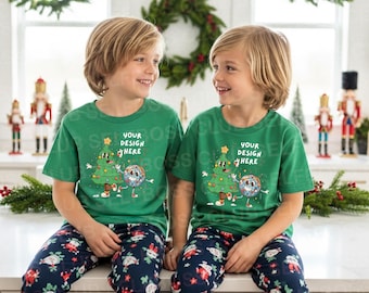 Kid's Bella T-shirt Mockup, Christmas T-shirts Mockup, Bella Canvas 3001B 3001T Kelly Green Mockup, Holiday Siblings Mockup, Family Mockups