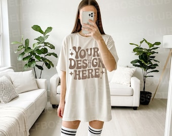 Camicia color avorio Comfort Colors C1717 - Modello mockup - Camicia color crema avorio - Taglie unisex - Maglietta modello mockup - Modello boho Comfort Colors
