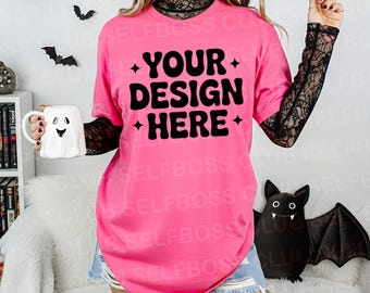 Comfort Colors C1717  Neon Pink Shirt - Fall Autumn Mockup - Trendy POD Mockup - Gothic Model Mockup Tee- Halloween Mockup - Spooky Mockup