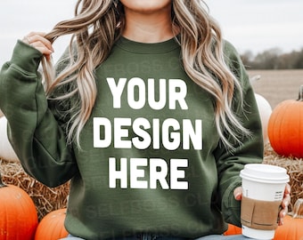 18000 Military Green Sweatshirt Mockup, Women Fall Mockup, Fall Mockup, Gildan 18000 Mockup, Pumpkin Patch Sweatshirt Mockup, Spooky Mockups