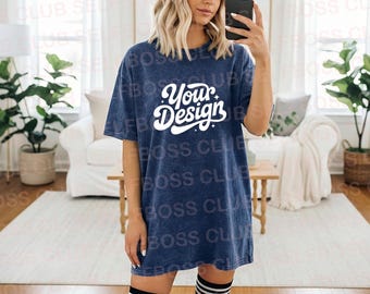 Colortone Mineral Washed Shirt Model Mockup, Mineral Washed Navy Shirt, Boho Lifestyle Mockup, Tie Dye Tee Mockup, On Trend POD Mockup