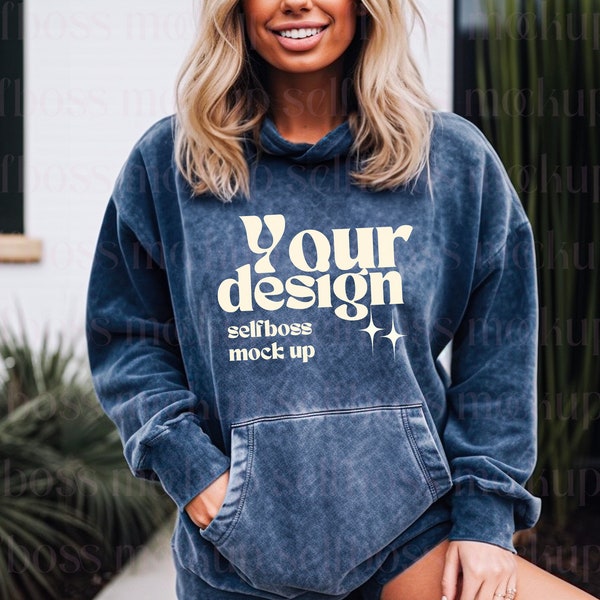 Colortone Mineral Washed Hoodie - Colortone 8300 Blue/Navy Mineral Washed Hoodie - Mineral Wash Hoodie Model Mockup, Tie Dye Hoodie Mockup