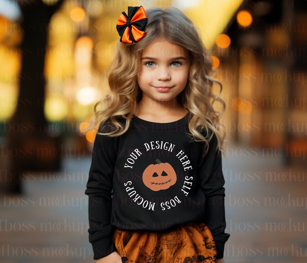 Kids Long Sleeve Tee Mockup, Kids Black Long Sleeves Mockup, Rabbit Skin Toddler Tee Mockup, Kids Long Sleeves Halloween Mockup, Fall Mockup Designed By Shirttrendz