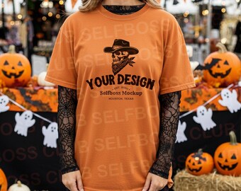 Comfort Colors C1717 Yam Orange Shirt - Fall Autumn Mockup -Pumpkin Patch Mockup - Model Mockup Tee- Halloween Mockup - Spooky Mockup Mockup