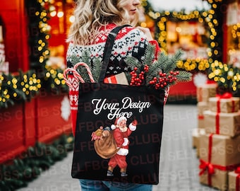 Black Canvas Tote Bag Mockup, Model Holding Tote, Winter Cute Book Tote Mockup, Christmas Bookish Tote Mockup, Holiday Vibes Tote Mockup