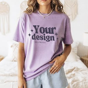 Lilac Bella Canvas 3001 T-shirt Mockup, Beach Shirt Mockup, LifeStyle Mockup, Lavender Tee Mockup, Boho Mockup, Model mock-up