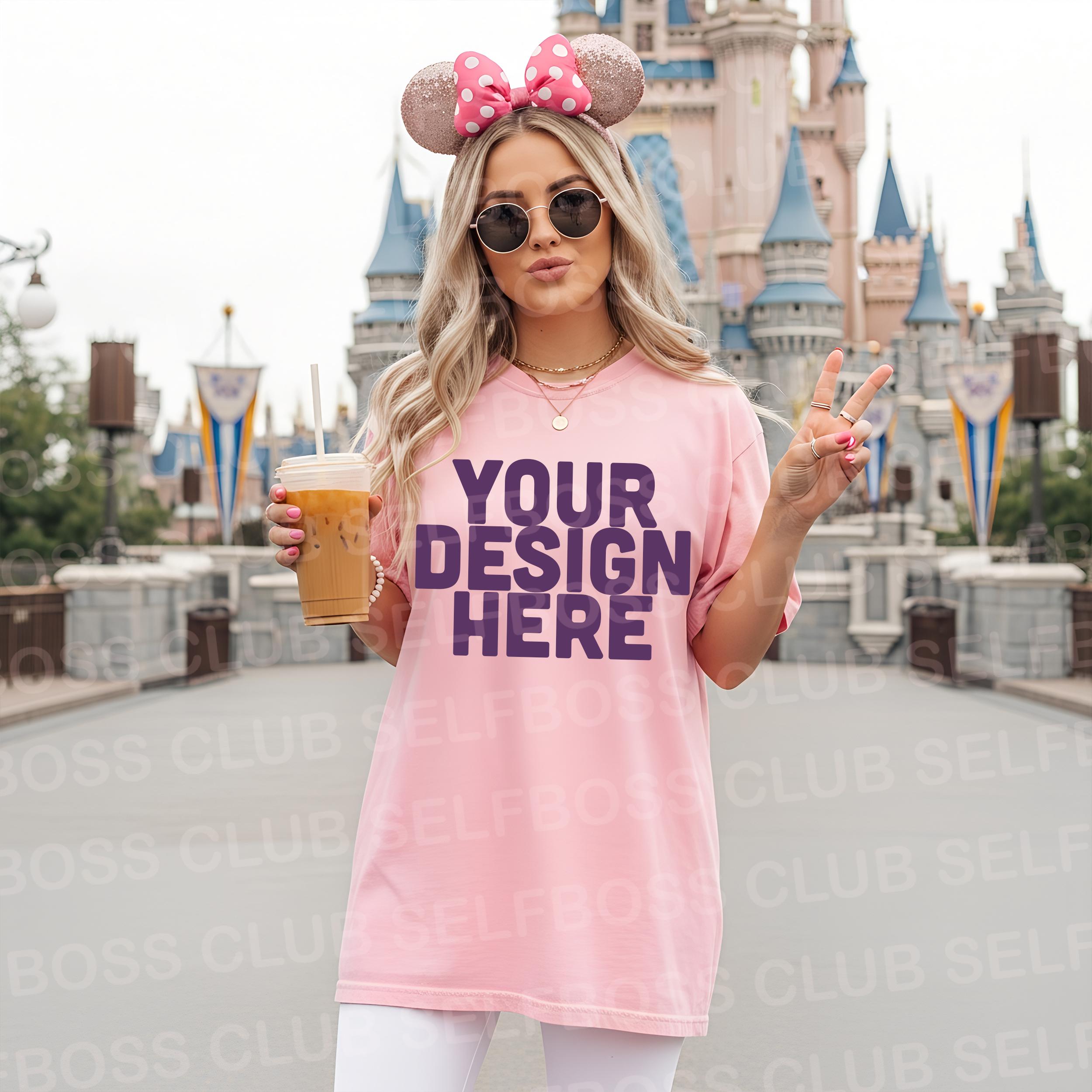 Pink Comfort Colors 1717 T-shirt Mockup, Styled Shirt Mockup, theme park Mockup, Vacation Mockup, Kingdom Castle Mockup, Model mock-up