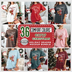 May include: A collection of t-shirts in various colors, each featuring a Santa Claus graphic carrying a sack. The shirts have the text "Your Design Here". The image also includes a "36 Comfort Colors C1717 Christmas Holiday Season Mockup Bundle" graphic.