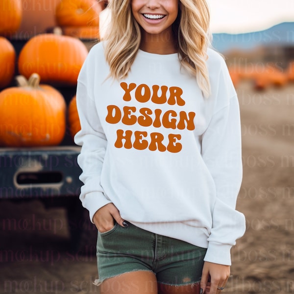 18000 White Sweatshirt Mockup, Women Fall Mockup, G180 Mockup, Gildan 18000 Mockup Sweatshirt Mockup, Spooky Mockups, Halloween Mockups