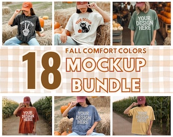 May include: A mockup bundle featuring 18 t-shirts in fall comfort colors. The shirts are displayed in various settings with pumpkins and hay bales. Each shirt has the text "YOUR DESIGN HERE" printed on the front.