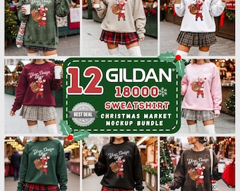 12 Holiday Market Mockup Bundle Gildan 18000 Sweatshirt Mockup, Christmas Mockup, Trendy Christmas Mockup, Winter Gildan Sweatshirt Mockup