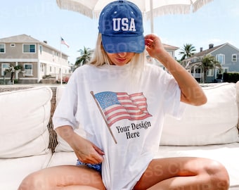 Comfort Colors C1717 White Shirt - Summer Boho Mockup - Lake Mockup - Model Mockup Tee- J4th of July Mockup - Independence Day Mockup