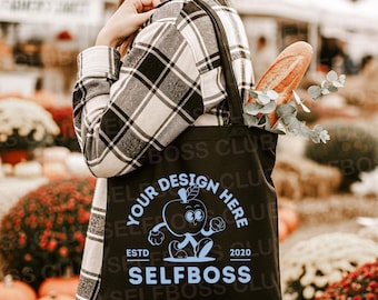 Canvas Tote Bag Mockup, Model Holding Tote, Fall Cute and Cozy, Black Book Tote Mockup, Boho Bookish Tote Mockup, Farmers Market Tote Mockup