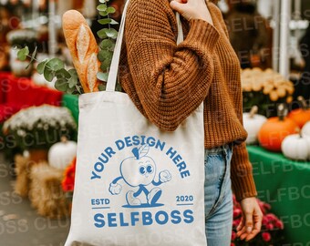 Maqueta de bolso de lona, modelo con bolso, otoño, bonito y acogedor, maqueta de bolso con forma de libro, maqueta de bolso estilo bohemio con estilo de libro, maqueta de bolso de mercado de agricultores
