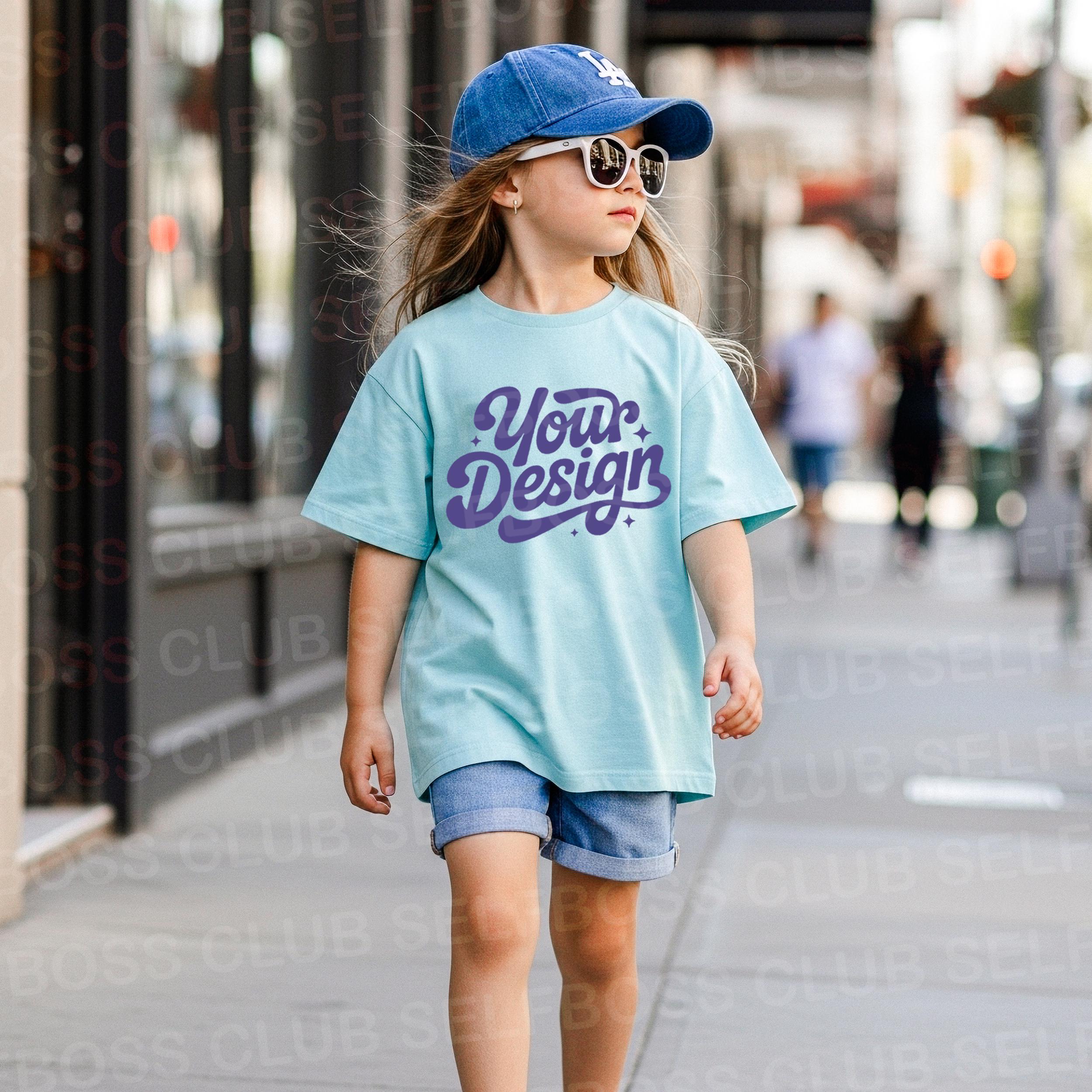 CC9018 Chambray, Youth Comfort Colors Mockup, Kids Light Blue Tee