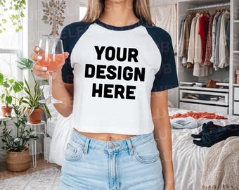 Bella Canvas 1201 Baby Tee Mockup - White & Navy Raglan Crop Top (Digital Image)