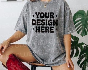 Mineral Washed Gray T-Shirt Mockup - Colortone Tee (Digital Image), Cowgirl Mockup, Western Mockup, Trendy Mockup, POD Mockup, Y2K, Trendy