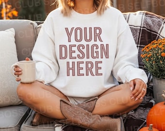 18000 White Sweatshirt Mockup, Women Fall Mockup, G180 Mockup, Gildan 18000 Mockup Sweatshirt Mockup, Spooky Mockups, Halloween Mockups