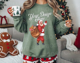 Gildan 18000 Mockup | Heather Dark Green Sweatshirt Mockup, Christmas Sweatshirt Mockup | Holiday Sweatshirt Mockup Green Heather Sweatshirt