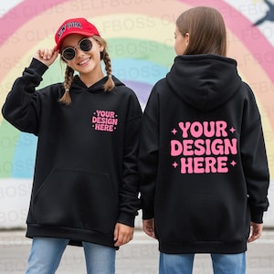 Kids Front and Back Hoodie Mockup, Sisters Side by Side Mockup Kids Black Hoodie mockup, Kids Halloween Hoodie Mockup , Gildan 18500B mockup